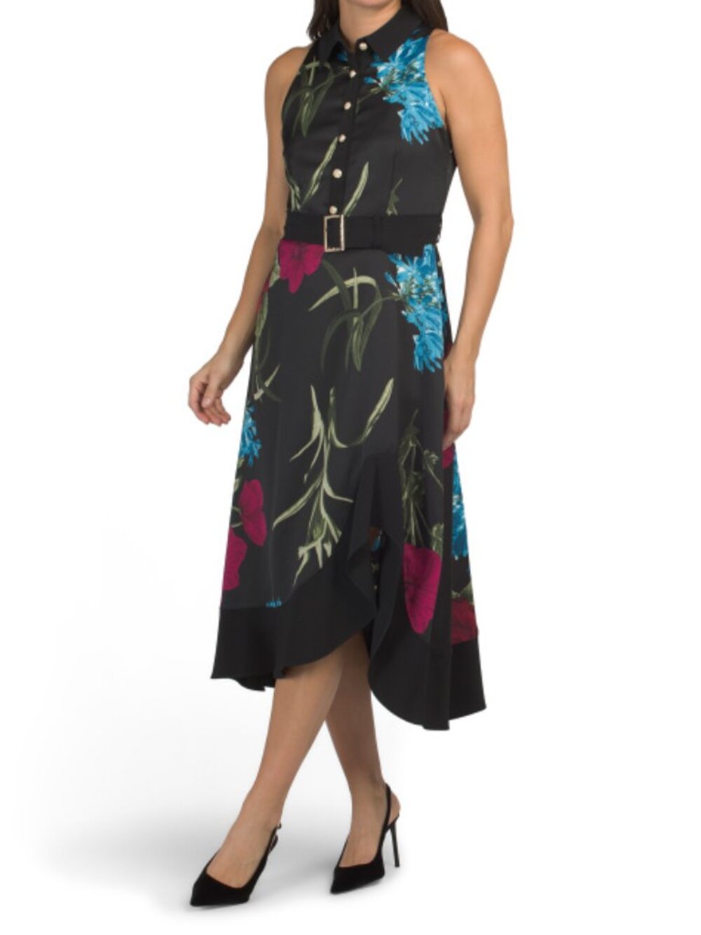 KARL LAGERFELD Satin Belted Classic Collar Maxi Dress